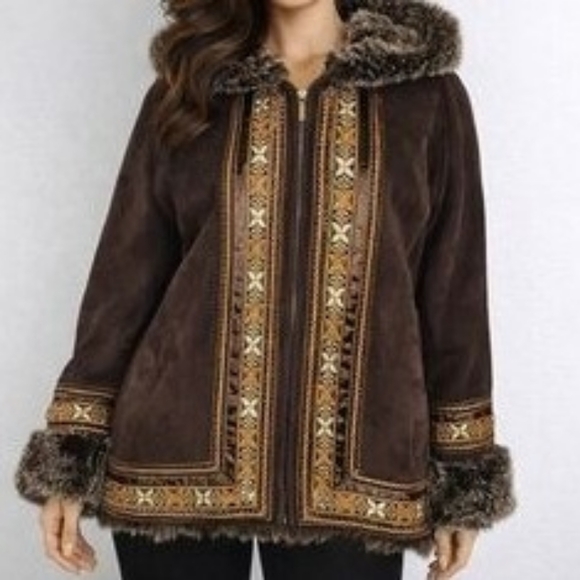 Coldwater Creek Jackets & Blazers - Coldwater Creek Brown Embroidered Boho Faux Suede Fur Lined Jacket Small